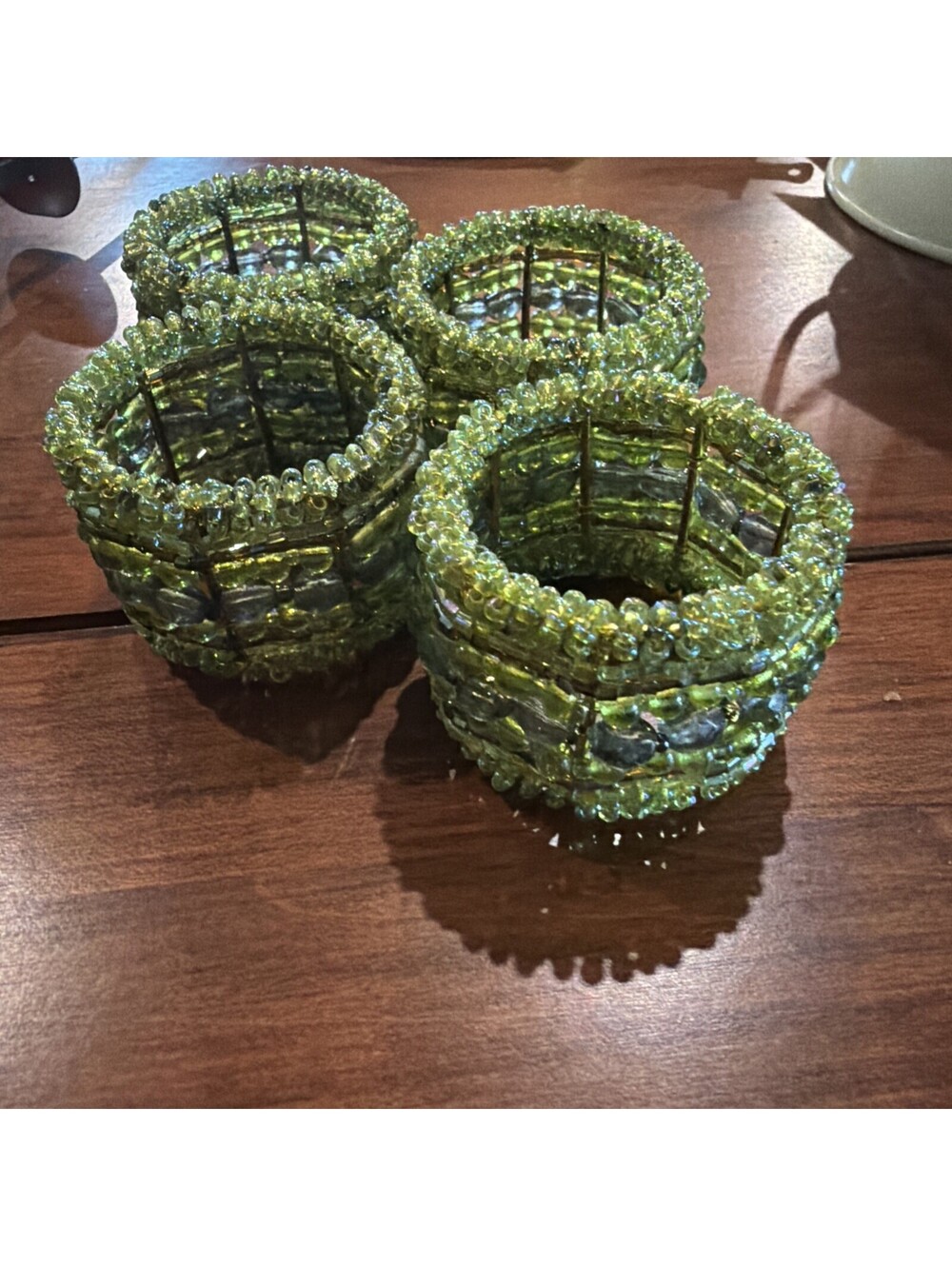 Set of Four Green Beaded Napkin Rings